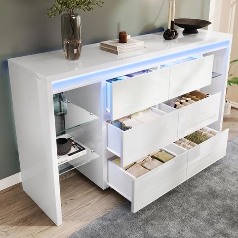 Credenza contenitore 155x40x80 cm con illuminazione a LED, 6 cassetti e 4 ripiani in vetro, legno bianco lucido, soggiorno (1/5)