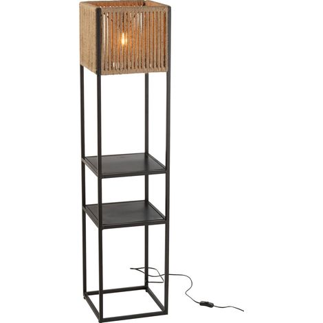 Lampe sur pied métal noir abat jour jute naturel avec étagères - Noir mat et jute naturel (1/5)