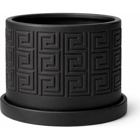 Pot de fleurs noir moderne avec soucoupe à motif géométrique (1/3)