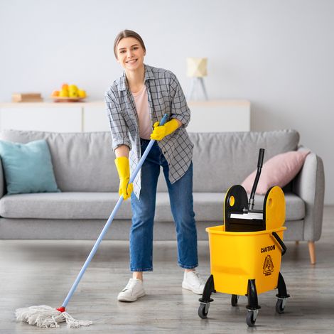 Seau à roulettes 26L avec essoreuse, jaune 44x36x90cm, chariot de ménage léger et performant