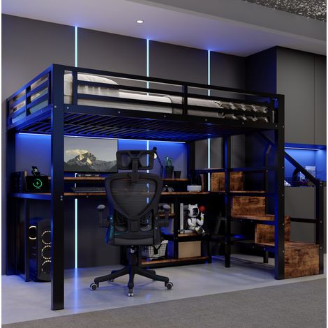 REDOM Hochbett 255.5x146x160.5 cm, Leiterschrank, Ablagefach, USB und Typ C, LED Lichtleiste, Metall und MDF, Schwarz (1/5)
