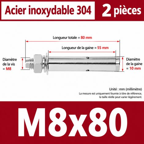 Goujon d'ancrage cheville métallique à expansion M8x80 mm inox 304 lot de 2 pièces m8 80 2 pièces 1 kg – Livraison gratuite
