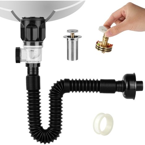 Kit de Vidange de Lavabo, Égouttoir de Bonde de Lavabo, Siphon Lavabo Avec Pop-Up Bouchon de Vidange, Tuyau Flexible D'Évacuation Résistant Aux Odeurs Et Aux Insectes, Extensible De 420-935 mm (1/5)