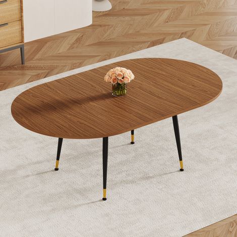 Tavolo da pranzo ovale allungabile effetto noce con piano in MDF e gambe in metallo nero (1/5)