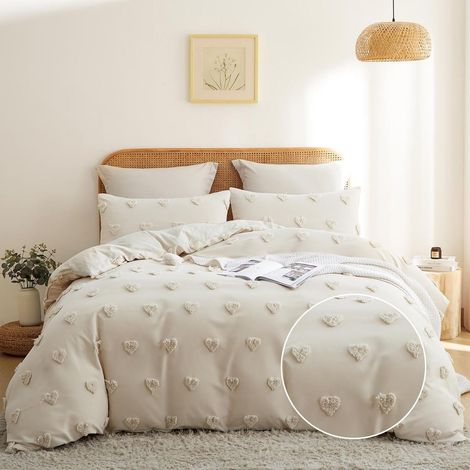 Housse de Couette 220x240 Adulte Tuftée Cœur Beige Parure de lit (1/5)