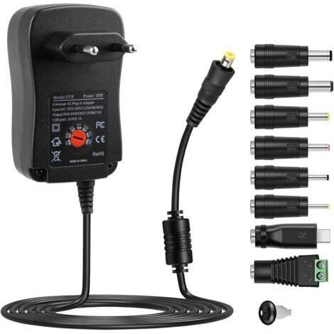 Chargeur Universel 30W Secteur 3V-12V, AC à DC 3V 4.5v 5V 6V 7.5v 9V 12V 2A Power Supply, Adaptateur Universel de Transformateur d'alimentation Découpage, avec 8 DC Connecteurs pour Router CCTV Cam (1/5)