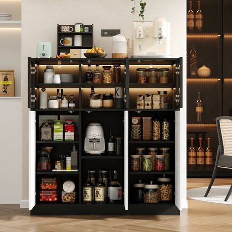 Buffet, meuble de cuisine, armoire de rangement. Convient pour le salon, la cuisine ou la salle à manger. Éclairage intégré. 3 portes vitrées, 3 portes blanches. Dimensions : 100 x 40 x 105 cm. (1/5)