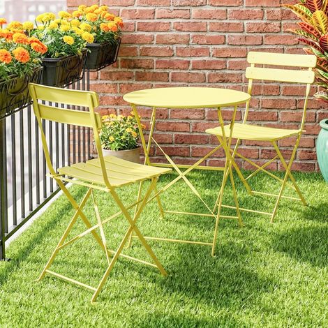 Ensemble Bistrot de Jardin 3 Pièces Table et 2 Chaises Pliantes à Lattes Double Protection Antirouille Jaune (1/5)