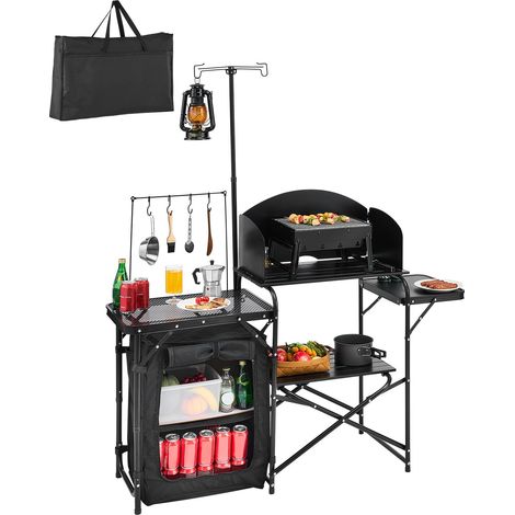 Cuisine de camping portable en aluminium, table de camping en plein air, avec placard de rangement, sac de transport, pare-brise amovible, installation rapide pour barbecue, pique-nique, noir (1/5)