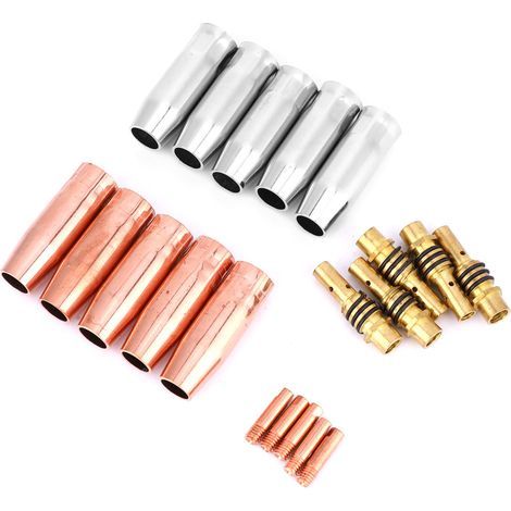 20 pièces consommables torche soudure MIG 15AK, buses gaz et porte-électrodes en cuivre/laiton pour fils 0.8mm et 1.2mm (1/5)