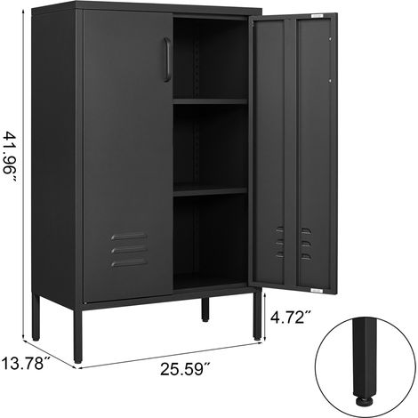 Armoire noire en acier, 2 portes avec 2 étagères ajustables, meuble polyvalent pour salon, cuisine, chambre, garage, atelier, bureau