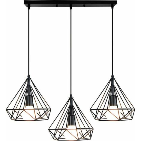 Lampes de Plafond Abat-Jour en Fer Forme Diamant, Lampe Suspension Lustre Cage avec Douille Eclairage Style Industrielle Noir (25cm, Support de Barre ) BLOW (1/4)