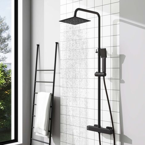 AICA Matte Black Square Thermostatic Shower Mixer Kit Twin Head Exposed Valve
