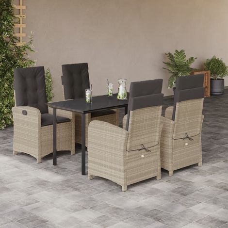 5-tlg. Garten-Essgruppe mit Kissen Hellgrau Poly Rattan