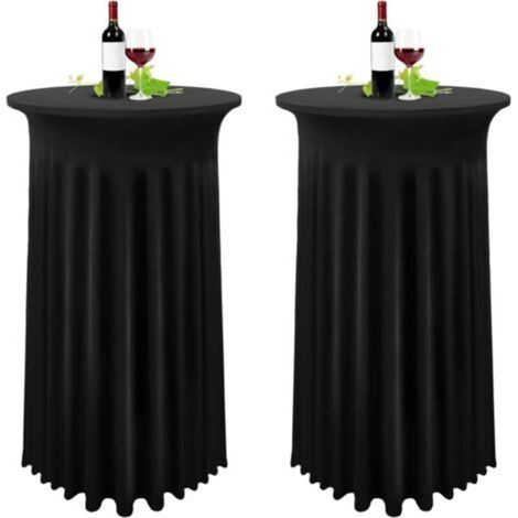 Lot de 2 housses de table haute noir – Nappe extensible en élasthanne 80 x 110 cm – Jupe plissée pour tables rondes 81 x 109 cm