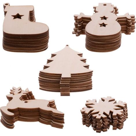 50pcs Bois Artisanat Arbre De Noël Ornement De Pendaison,Disques De Tranches De Bois De Décoration De Noël De Bricolage, Elan En Bois, Flocons De Neige, Bonhomme De Neige, Arbre De Noël, Chaussettes D (1/5)