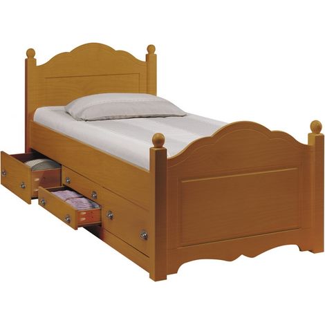 Lit 1 Place 4 Tiroirs Couchage 90 x 190 Pin Massif Miel L 99 H 100 P 203
