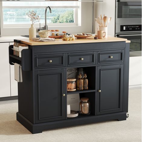 MEUBLIV Isola da cucina con ruote nera con piano estensibile, cassetti e portaspezie (1/5)