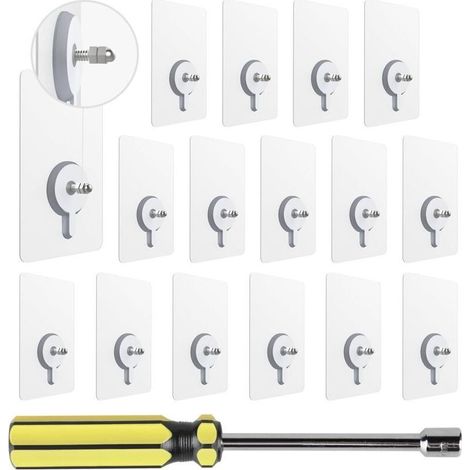 16PCS Vis Adhésives Détachables Transparent avec Tournevis à Douille, Clous de Suspension Auto-Adhésifs avec Barre à Visser de 10mm, Sans Percer pour Salle de Bains Cuisine (1/5)