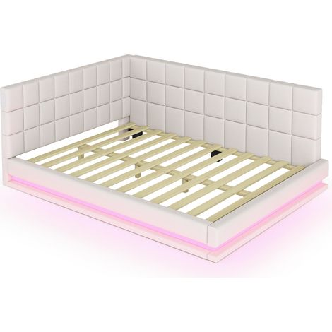 Łóżko sofa 160x200 cm LED USB tkanina lniana beżowa