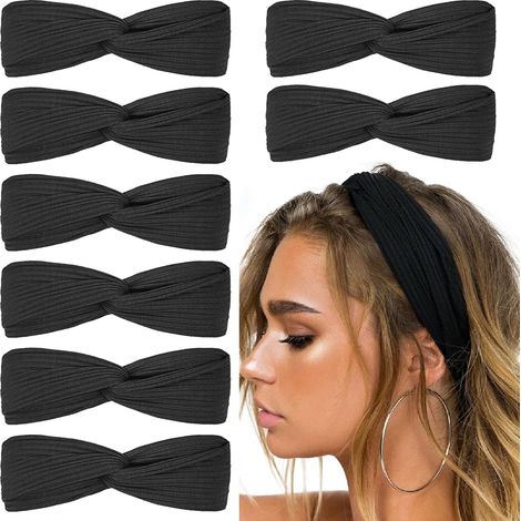 Bandana Cheveux - Bandeau Élastique Torsadé Boho pour Femme et Fille - Pour Yoga, Sport, Maquillage ou Soins Visage - Noir - 8 Pièces (1/4)