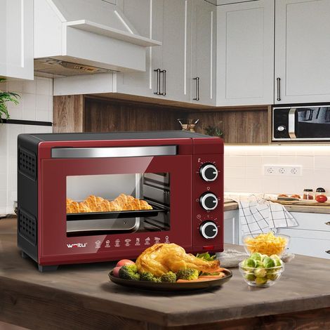 WOLTU Mini Backofen 28L, Pizzaofen inkl. Backblech Grillrost Krümelblech Rostheber, 1600 W, 100-230 °C, Timer 0-60 Min, 3 Heizmodi Schwarz+Rot