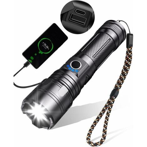 Lampe Torche LED Ultra Puissante, 10000 Lumens Lampe Torche Rechargeable, Lampe Tactique, 5 Modes USB Torche, IPX5 Étanche, Zoomable Antichoc-LIAIKI (1/5)