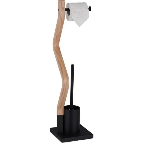 Serviteur WC Non Fixe, Porte-Rouleau, Brosse et Son Support, H x L x P : 75 x 18,5 x 18,5 cm, Noir et Nature (1/5)