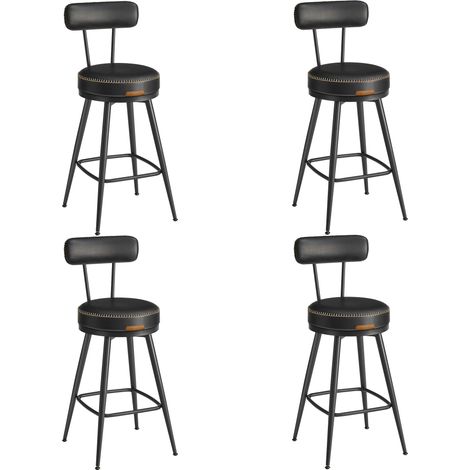 Vasagle – Tabouret de bar noir – Lot de 4 – Siège rembourré PU – Hauteur d'assise 65 cm – Style moderne mi-siècle – Charge max 120 kg