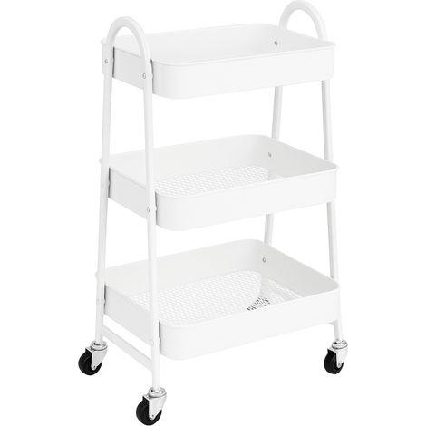 Chariot Métallique Rectangulaire 3 Niveaux à Roulettes - Blanc - Rangement Pratique - L 45 x l 32 x H 78 cm - Livraison gratuite