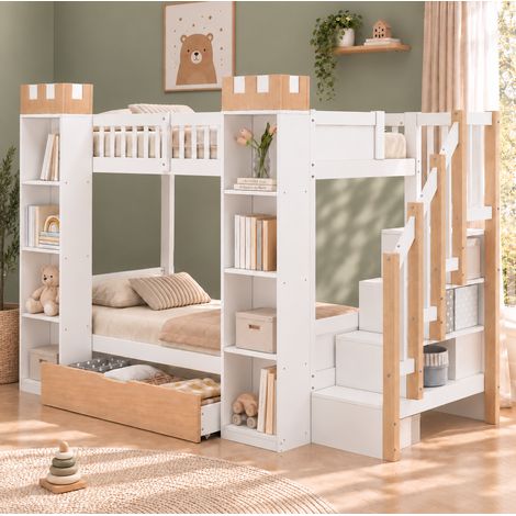 MODFU – Litera tipo castillo 90x200 cm de pino/MDF con escalera de almacenamiento, cajón, estantes y carga 120 kg – Blanco (1/5)