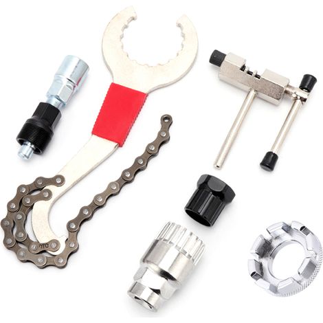 Kit d'outils de réparation de vélo en acier inoxydable comprenant un manchon de volant moteur, un coupe-chaîne et une clé à rayons, idéal pour l'entretien en camping. (1/5)
