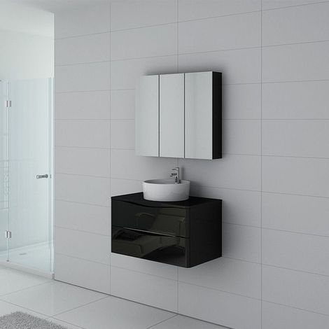 Distribain – Meuble de salle de bain suspendu 80 cm – Vasque ronde en céramique blanche – Noir brillant – 2 tiroirs avec fermeture douce (1/4)