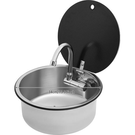 Fregadero para caravana, acero inoxidable 304, grifo plegable, redondo - 34 cm (1/2)