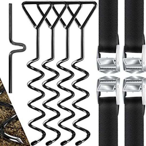 Kit Ancrage Trampoline Acier Inoxydable 900kg Piquets Spirales Sangles Fixation Sécurité Sol