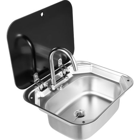 Évier RV, Verre Trempé, Acier Inoxydable, Argent (1/2)