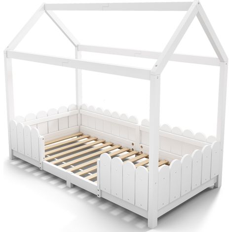 Cama cabaña infantil 90 x 200 cm con barrera de seguridad y somier de láminas blanca (1/5)
