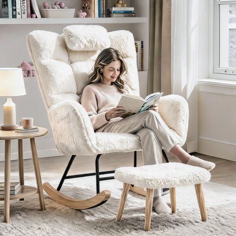 IDEALHOUSE Fauteuil à bascule ergonomique à dossier haut avec repose-pieds, rembourré, structure acier et pieds bois - Beige (1/5)