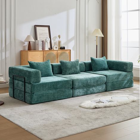 Sofá cama modular de chenilla, sofá de suelo plegable 300 x 100 x 63 cm, verde oscuro, MODENUIT (1/5)