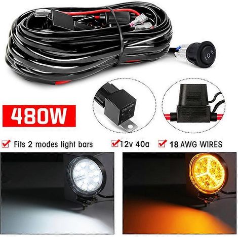 Kit de câblage compatible pour bande LED, 480 W, 2 faisceaux LED 18 AWG, avec relais 12 V 40 A et interrupteur de commande étanche. (1/5)