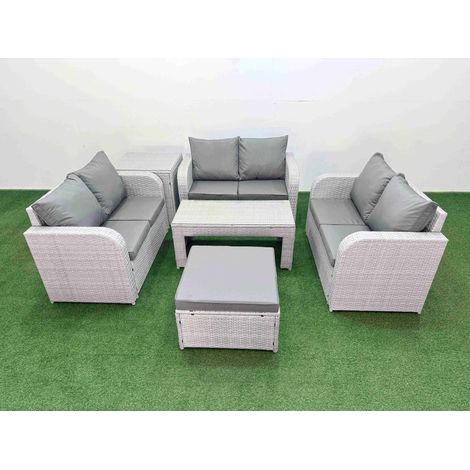 Fimous 7 Seater PE Wicker Rattan Furniture Sofa Sets with Oblong Coffee Table 2 Seater Love Sofa Big Footstool Side Table Light Grey (1/4)