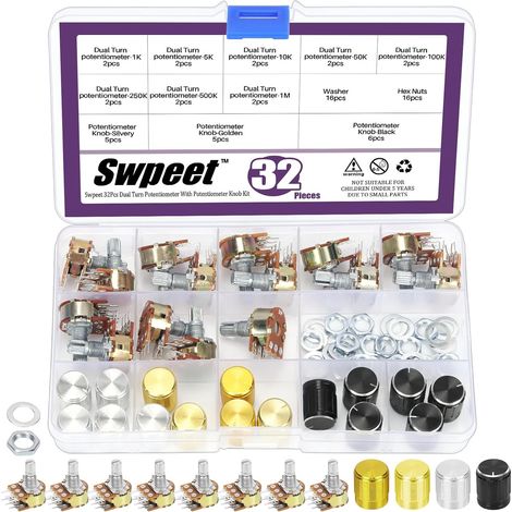 Lot de 32 potentiomètres linéaires rotatifs à arbre fendu à arbre fendu 8 types B1K 5K 10K 50K 100K 100K 250K 500K 1M Ohm 6 broches avec 3 types de boutons en alliage d'aluminium (WH148) et kit (1/5)