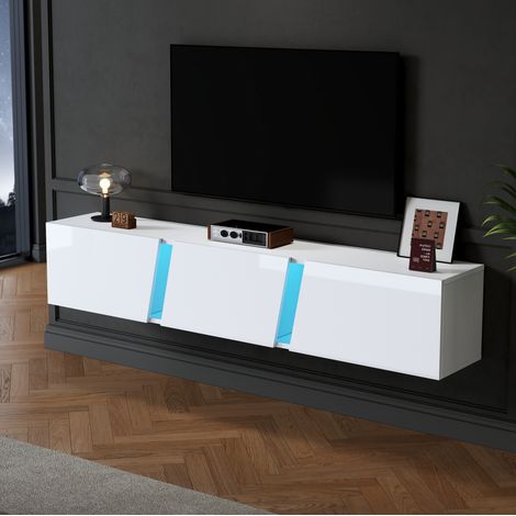 Wandmontierter TV-Schrank 180x35x30 cm weiß aus Spanplatte und Acryl mit LED-Beleuchtung und 3 Klapptüren (1/5)