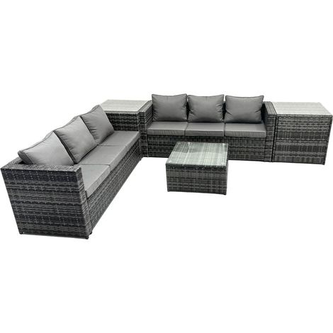 Fimous Outdoor Rattan Garden Furniture Set 6 Seater Patio Lounge Sofa Set with Square Coffee Table 2 Side Table Dark Grey Mixed (1/5)
