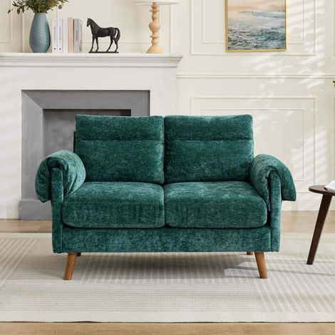 Divano 2 posti 120x75x82 cm verde in ciniglia con cuscini imbottiti e gambe effetto legno (1/5)