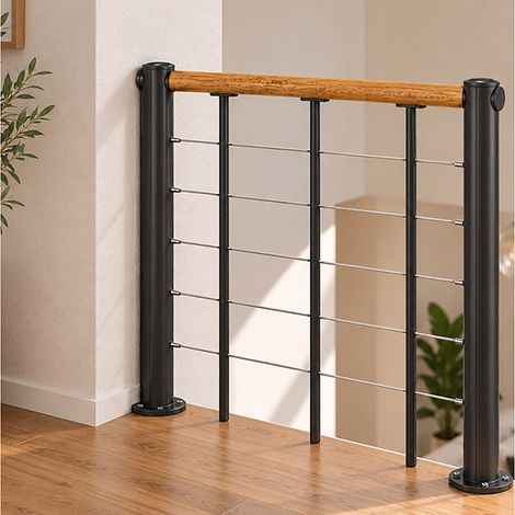 Ringhiera per scala dritta - Nero - Acciaio termolaccato - Lunghezza 1m - Corrimano in legno - RE-I-SLM-BOIS-NH (1/5)