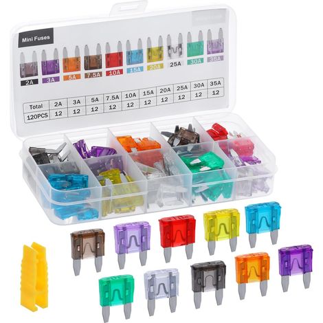 Kit di fusibili per auto da 120 pezzi, assortimento di fusibili (2A, 3A, 5A, 7,5A, 10A, 15A, 20A, 25A, 30A, 35A), per auto, camion, motociclette, camper e SUV.