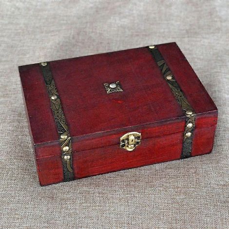 Coffre à bijoux vintage en bois avec serrure, rouge foncé : boîte de rangement décorative pour bijoux et accessoires de décoration. (1/3)