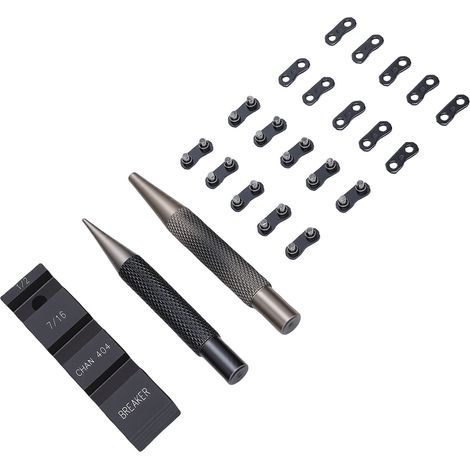 Kit de dérive-chaîne portable pour tronçonneuse : enclume et poinçon, 10 sangles de réparation préréglées, compatible avec les pas de chaîne 1/4, 3/8, 325 et 404. (1/5)