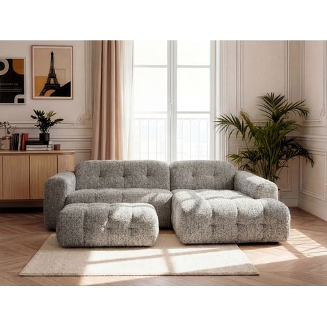 BOBOCHIC - Canapé d'angle fixe LAURA tissu chiné avec grand pouf Angle droit  Taupe